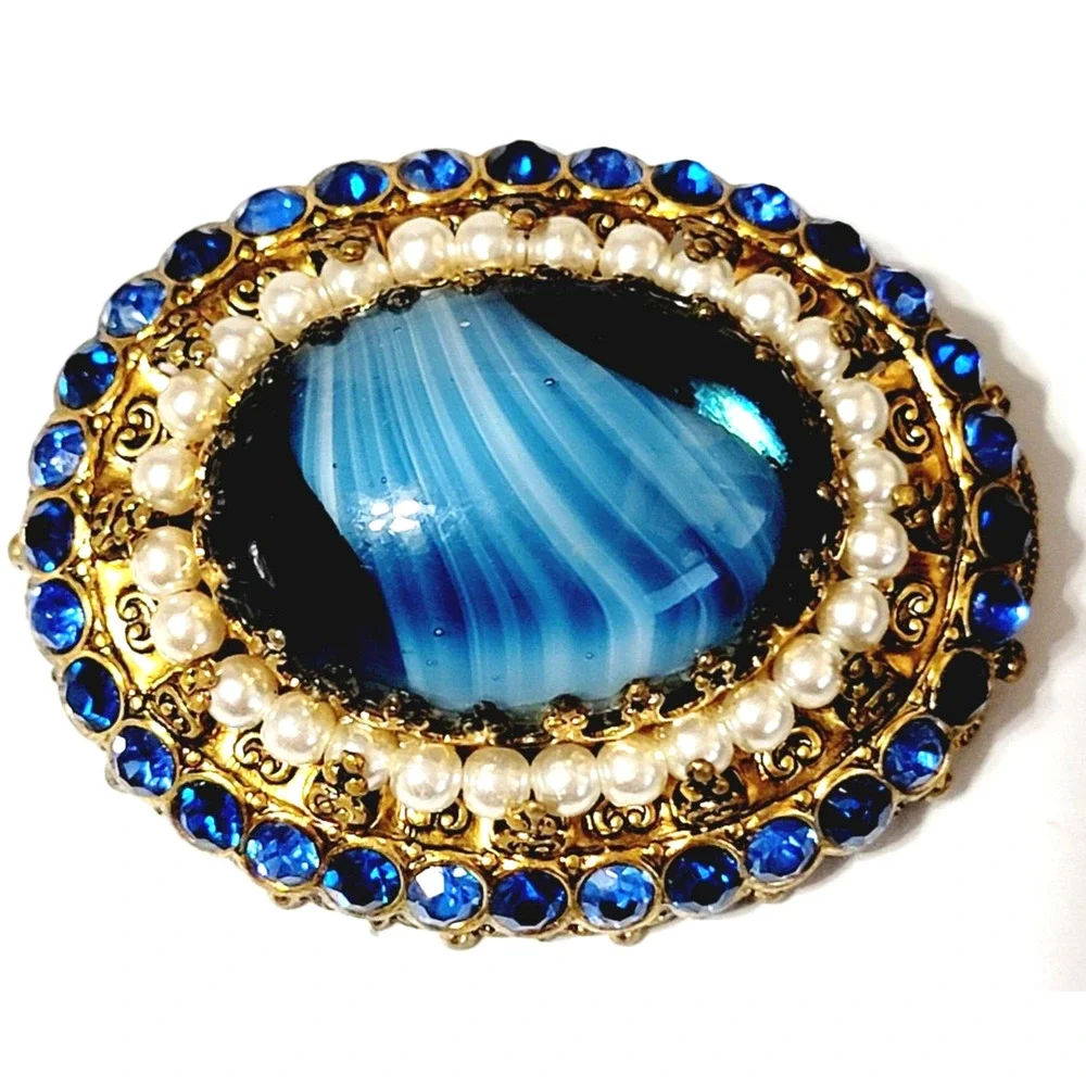 Stunning Blue Slag Glass Brooch Pin Rhinestones 2